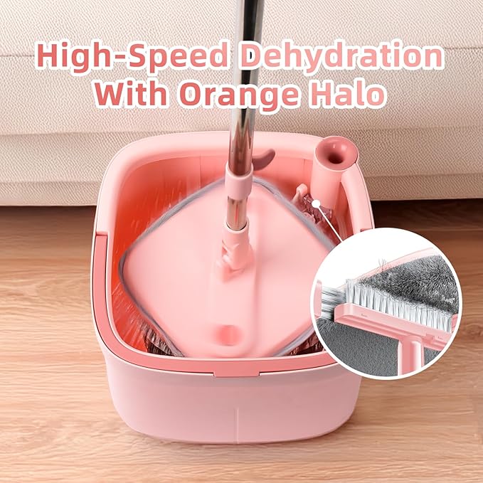 Spin Mop and Bucket Set with Self - Separation System, 360° Spinning Self - Wringing, Square Cleaning Mop and Bucket with Wringer - with Replaceable Mops (Pink Mop and Bucket Set with 2 Pads