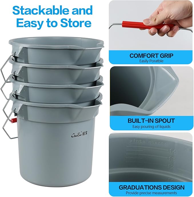 4-Pack 3.5 Gallon Industrial Round Utility Pail, 14 Quart Plastic Car Wash Bucket with Handle, Gray