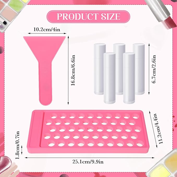 Lip Balm Crafting Kit, 50 Pieces Empty Lipsticks Filling Tubes Mold Handmade Set Pallet with Scraper, Lip Balm Tubes with Filling Tray and Spatula for Women Girl Cosmetics Makeup, Pink