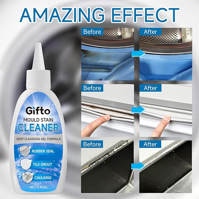Mold Stain Remover Gel, Washing Machine Cleaner Front Loader Seals, Grout Cleaning Whitener for Bathroom Shower Tile & Kitchen Sink, Bleach Pen for Clothing, Non-Toxic, 5 fl oz