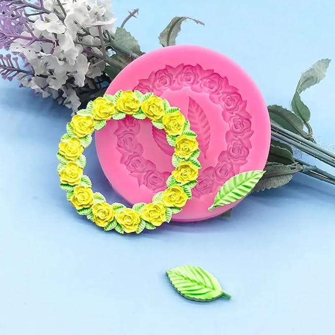 2pcs Round Rose Wreath Leaves Fondant Chocolate Candy Silicone Mold Cake Decorating Baking Pastry Tools Soap Resin Polymer Clay Mould