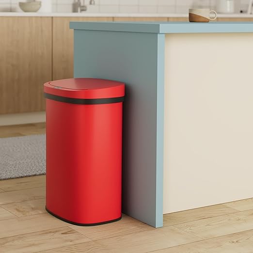 Kitchen Trash Can Bathroom Bedroom Office Garbage Can with Lid Automatic Touch Free Waste Bin Stainless Steel 13 Gallon / 50L,Red