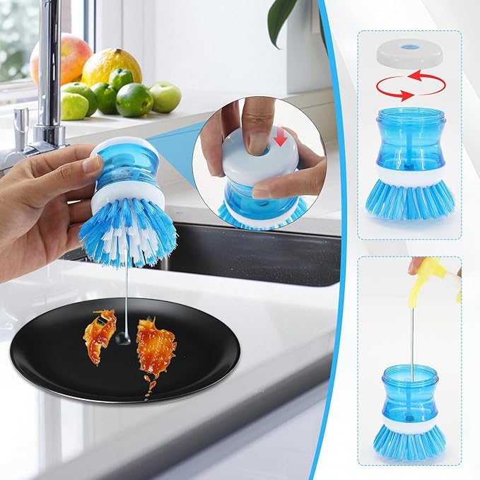 Dish Brush with Soap Dispenser Set, 3 PCS Soap Dispensing Dish Brush with 2 Sponges, Can Be Used to Wash Dishes Pots Pans Plates Cutting Boards Sinks Kitchen Utensils