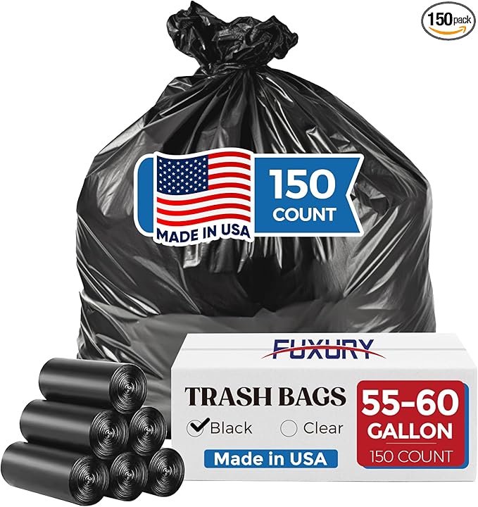 Fuxury 55-60 Gallon Trash Bags Heavy Duty, 150 Count Garbage Bags, 38 x 58" Extra Large Black Trash Bags, 0.7 Mil Plastic Bags for Serious Garbage Cleanup, Made in USA