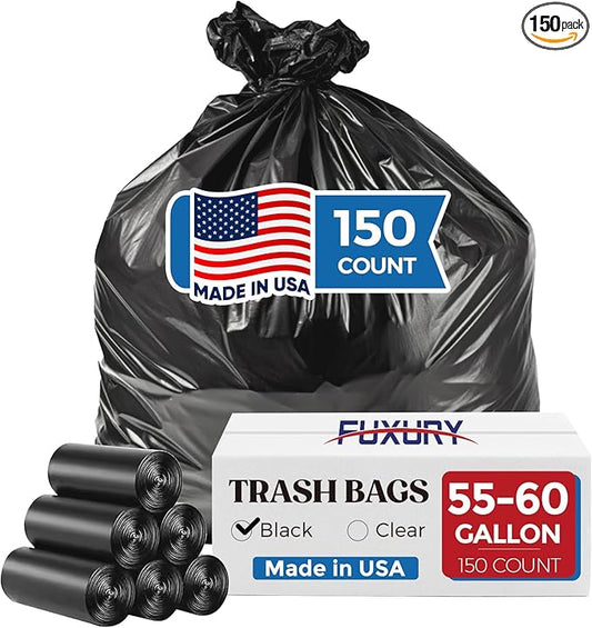 Fuxury 55-60 Gallon Trash Bags Heavy Duty, 150 Count Garbage Bags, 38 x 58" Extra Large Black Trash Bags, 0.7 Mil Plastic Bags for Serious Garbage Cleanup, Made in USA