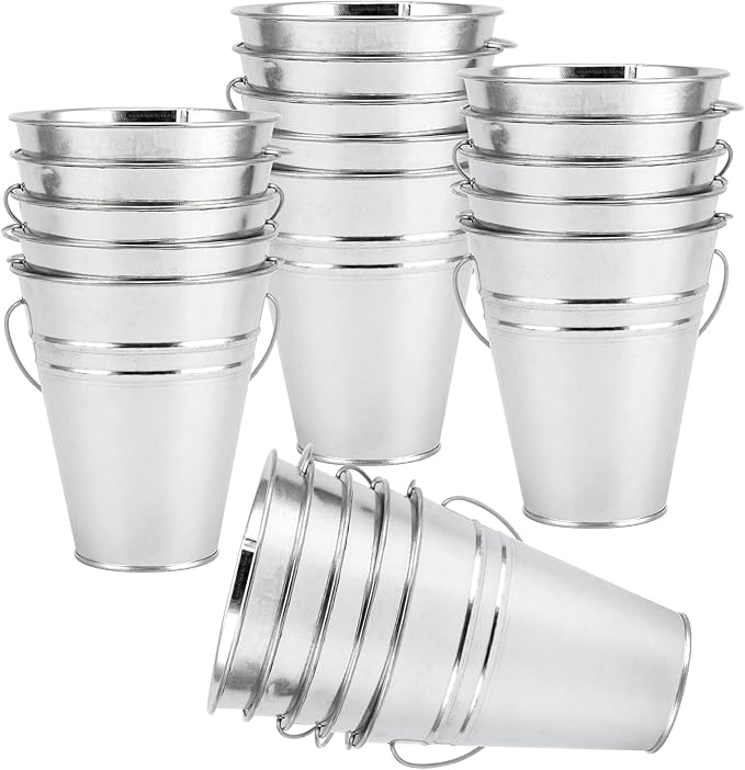 SINJEUN 40 Pack 4.5 x 5 Inch Galvanized Metal Buckets, Silver Metallic Pails with Handle, Mini Tinplate Tin Pails for Craft, Ice, Candy Snack, Flower Decoration