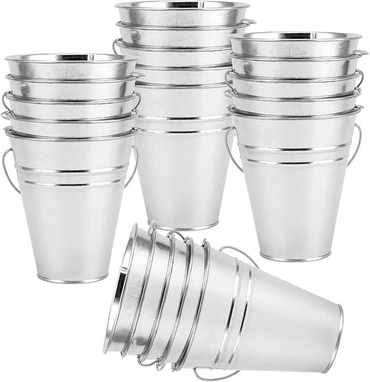 SINJEUN 40 Pack 4.5 x 5 Inch Galvanized Metal Buckets, Silver Metallic Pails with Handle, Mini Tinplate Tin Pails for Craft, Ice, Candy Snack, Flower Decoration
