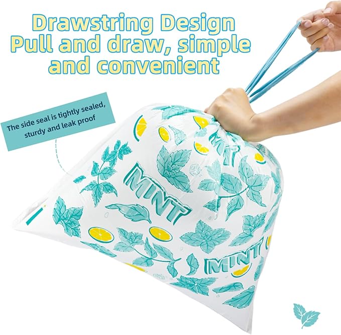 13 Gallon Trash Bags Drawstring, 50 Count Tall Kitchen Trash Bags, Sturdy Large Trash Bags, Lemon & Mint Printed Garbage Bags 13 Gallon Tall Kitchen, Tear Resistant Kitchen Garbage Bags for Kitchen