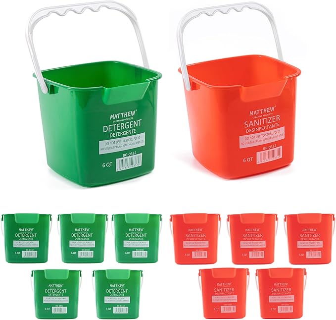 Matthew Detergent&Sanitizing Cleaning Bucket 6 Quart Plastic Pail,Set of 12 Square Containers,Built-In Spout w/Handle,Wash Rinse Sanitize Handwash Bucket for Home Commercial Restaurant (6 Red&6 Green)