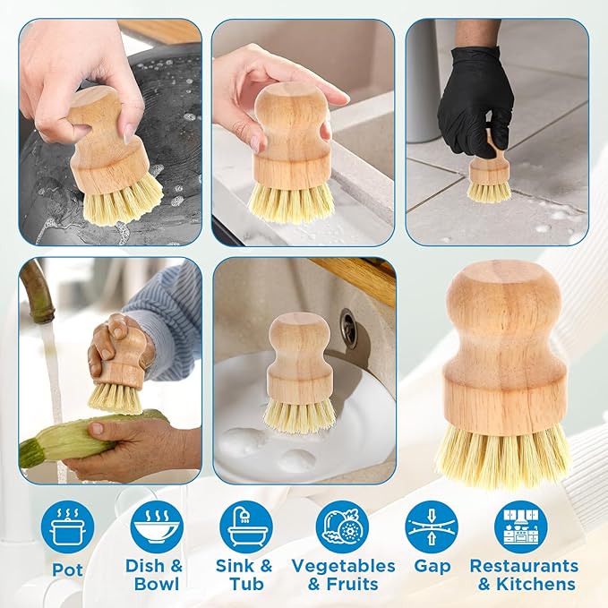 12 Packs Bamboo Dish Scrub Brushes Wooden Scrubbers Set Kitchen Dishwashing Scrubber with Natural Sisal Bristles for Iron Pot Pan Sink