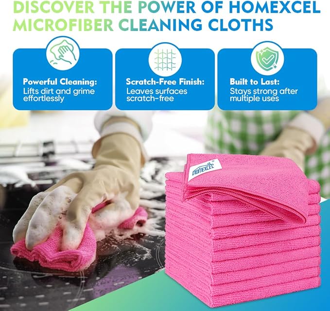 HOMEXCEL Microfiber Cleaning Cloth 20 Pack 11.5 x 11.5 Inch Microfiber Towels for Cars Ultra Absorbent Cleaning Rags Lint Free Cleaning Towels for Household Kitchen, Window Car Pink