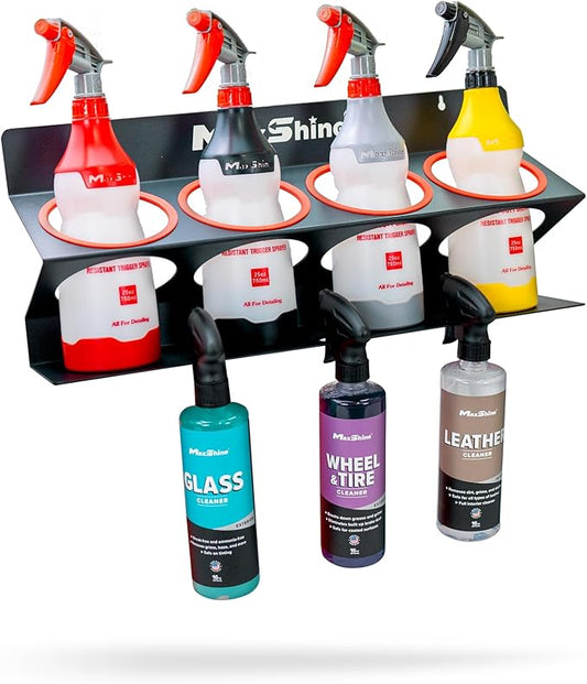 Maxshine Universal Spray Bottle Holder (16oz/34oz) - Holds 7 IK Trigger Sprayers with 3 Small Holes, Sturdy & Lightweight Wall-Mounted Organizer for Detailing Accessories