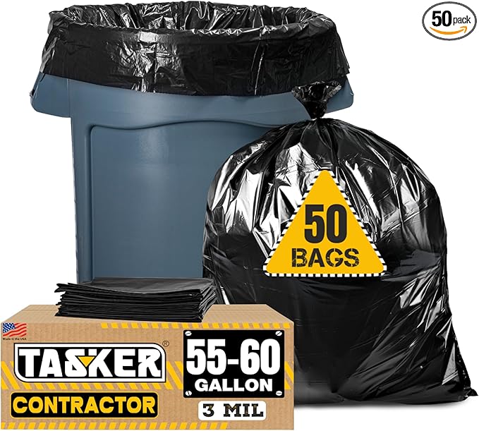 Tasker Contractor Garbage Bags 55 Gallon, 3 Mil Black Contractor Garbage Bag (50 Bags w/Ties) Large 55 Gallon Trash Bags Heavy Duty Liners, Extra Large Trash Liners for Construction, Industrial Bag