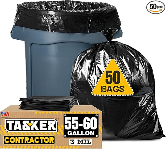 Tasker Contractor Garbage Bags 55 Gallon, 3 Mil Black Contractor Garbage Bag (50 Bags w/Ties) Large 55 Gallon Trash Bags Heavy Duty Liners, Extra Large Trash Liners for Construction, Industrial Bag