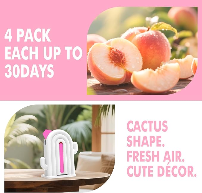 Air Freshener for Home, 2 Pack, 2 Refill, Peach Scent, Odor Eliminator, Up to 120 Days, Cactus-shaped Freshener for Closet Bathroom, Cute Home Decor, White