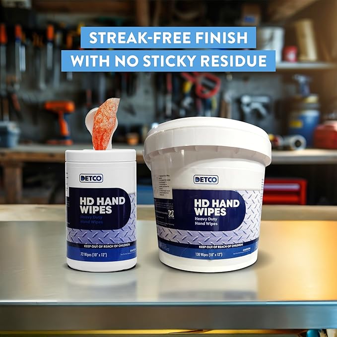 HD Hand & Tool Wipes – Heavy Duty Dual Purpose Cloths for Hands, Tools, & Surface Cleaning – Disposable Waterless Cleaner Towels with Scrubbing Side – 130 Count Tub