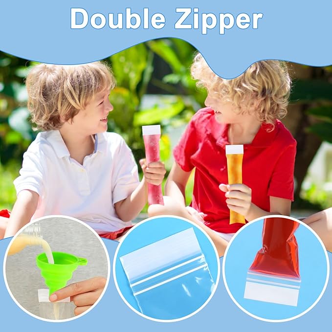 LOMIMOS 160PCS Disposable Popsicle Bags with Funnel,BPA Free Ice Pop Molds Double Zipper Freezer Tubes Reusable Ice Candy Sticks for DIY Yogurt Juice Smoothies(1.96"x7.87") – Family & Party Snacks