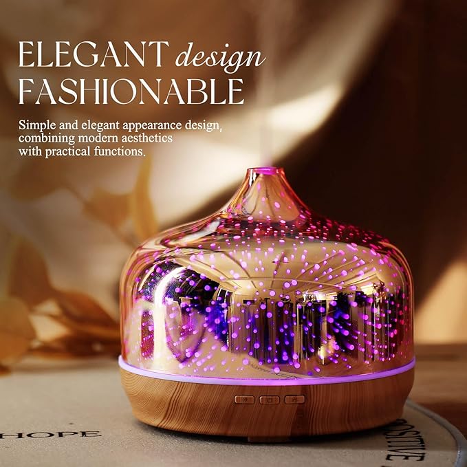 Porseme 500ml Essential Oil Diffuser 3D Glass Aromatherapy Ultrasonic Humidifier - Auto Shut-Off, Timer Setting, BPA Free for Home Hotel Yoga SPA Gift