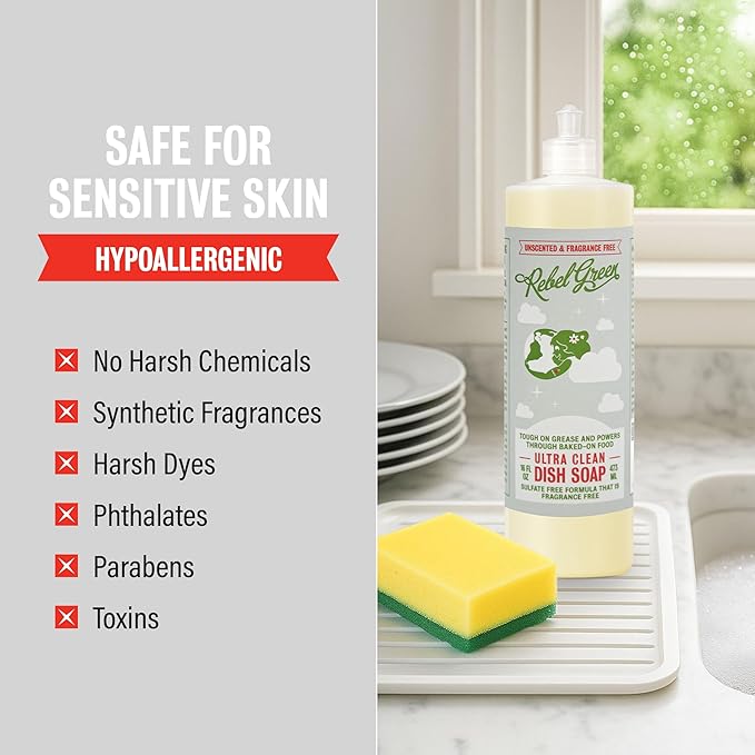 Rebel Green Super Deluxe Dish Soap - Natural Dishwashing Soap - Liquid Dish Detergent - Sustainable Dish Liquid Unscented - (16 oz Bottles, 2 Pack)