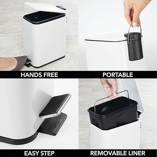 mDesign Slim Metal Rectangle 1.3 Gallon/5 Liter Trash Can with Step Pedal, Easy-Close Lid, Removable Liner - Narrow Wastebasket Garbage Container Bin for Bathroom, Bedroom, Kitchen - Matte White