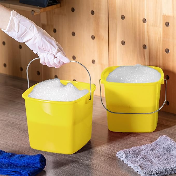 Zhehao 6 Pcs 3 Quart Cleaning Bucket Small Detergent Square Bucket Sanitizing Plastic Pail with Handles Square Cleaning Pail for Home, Offices, School, Commercial Use, Food Service (Yellow)