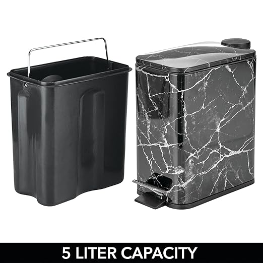 mDesign Slim Metal Rectangle 1.3 Gallon/5 Liter Trash Can with Step Pedal, Easy-Close Lid, Removable Liner - Narrow Wastebasket Garbage Container Bin for Bathroom, Bedroom, Kitchen - Black Marble