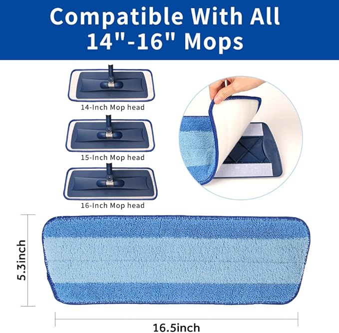 16.5 inch Mop Pads Refills, 3 Pack Microfiber Reusable Replacement Mop Pads Flat Replacements Heads for Wet Or Dry Floor Cleaning and Scrubbing, Blue Cloth