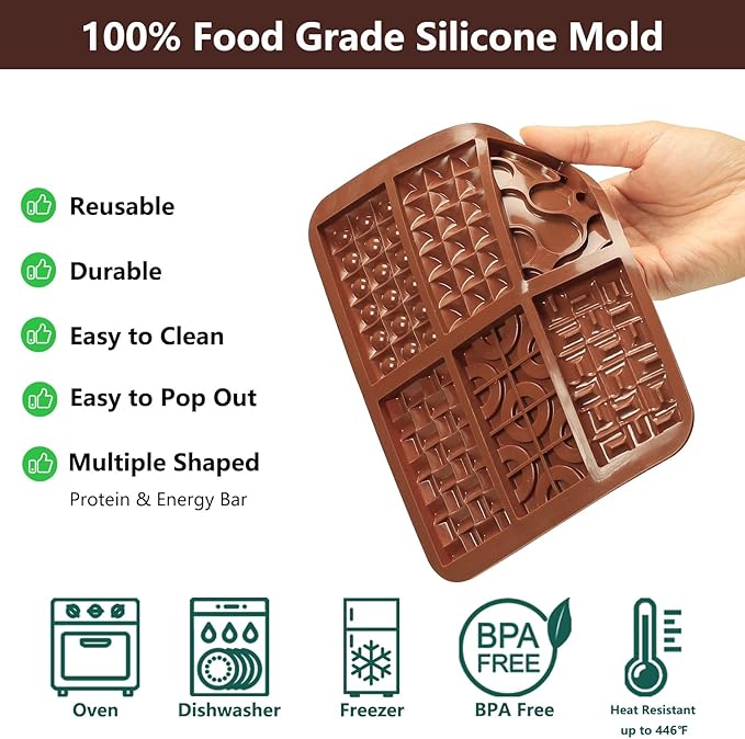 Chocolate Bar Mold Silicone with 6 Pattern, 2 Pcs 0.3-Inch-Deep Break-Apart Chocolate Molds for Homemade Protein and Energy Bar, Small Silicone Molds for Wax Melts/Candle/Resin, Waffle Shape