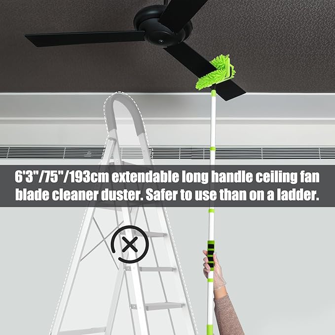 Ceiling Fan Cleaner Duster with 75'' Extension Pole, Flexible High Ceiling Fan Blades Cleaning Tool, Reusable Skinny Duster for Tight Spaces