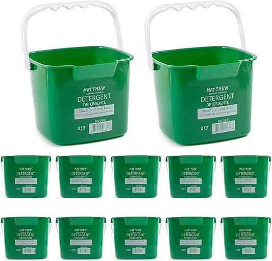 Matthew Detergent&Sanitizing Cleaning Bucket 8 Quart Plastic Pail,Set of 12 Square Containers,Built-in Spout w/Handle,Wash Rinse Sanitize Handwash Bucket for Home Office Commercial Restaurant (Green)