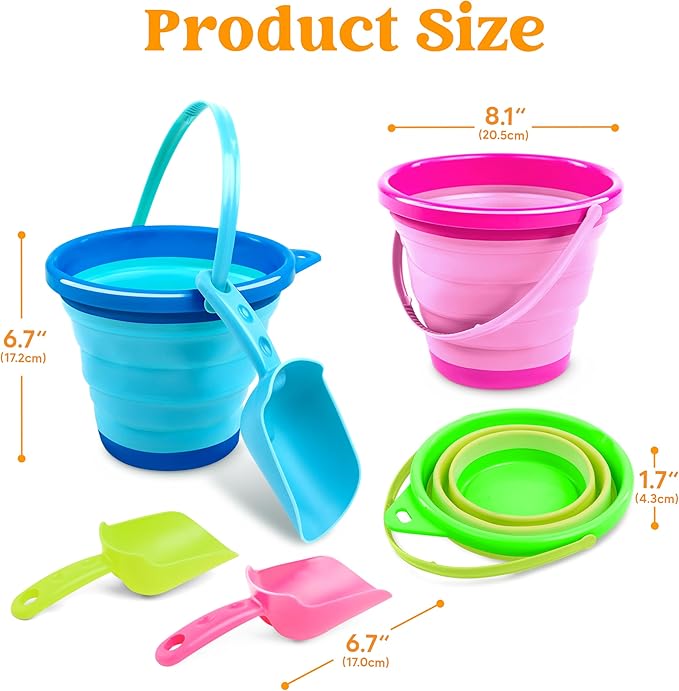 JOYIN 3 Packs Foldable Pail Bucket with Shovels & Mesh Bag, Collapsible Buckets Multi Purpose for Beach, Camping Gear, Beach Party, Fishing, and Fun Summer Activities (Blue/Pink/Green)