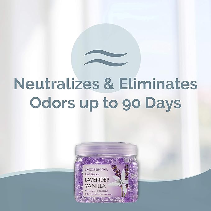 SMELLS BEGONE Odor Eliminator Gel Beads - 12 oz, Pack of 2 - Eliminates Odor in Bathrooms, Cars, Boats, RVs & Pet Areas - Air Freshener - Made with Essential Oils - Lavender Vanilla Scent