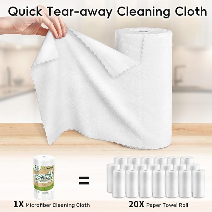 Microfiber Cleaning Cloths Roll, 75 Pack Tear Away Microfiber Towels Roll, 12" x 12" Lint Free Rags, Reusable Cleaning Cloths, Washable, Scratch Free,Ultra Absorbent Dish Rags(White)