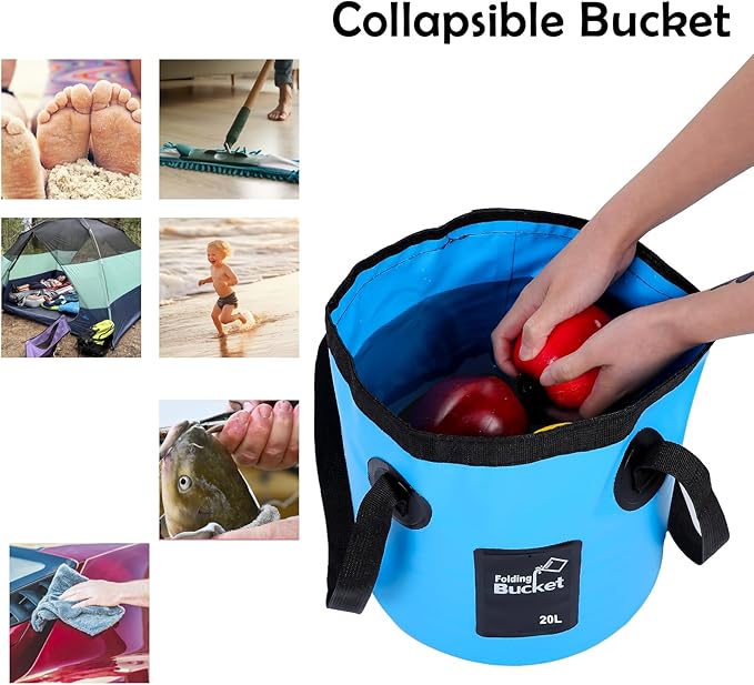 3 Pcs 20L (5-Gallon) Collapsible Bucket Set – Portable Foldable Water Container with Handle for Camping, Hiking, Fishing, Car Washing (Black, Orange, Blue)