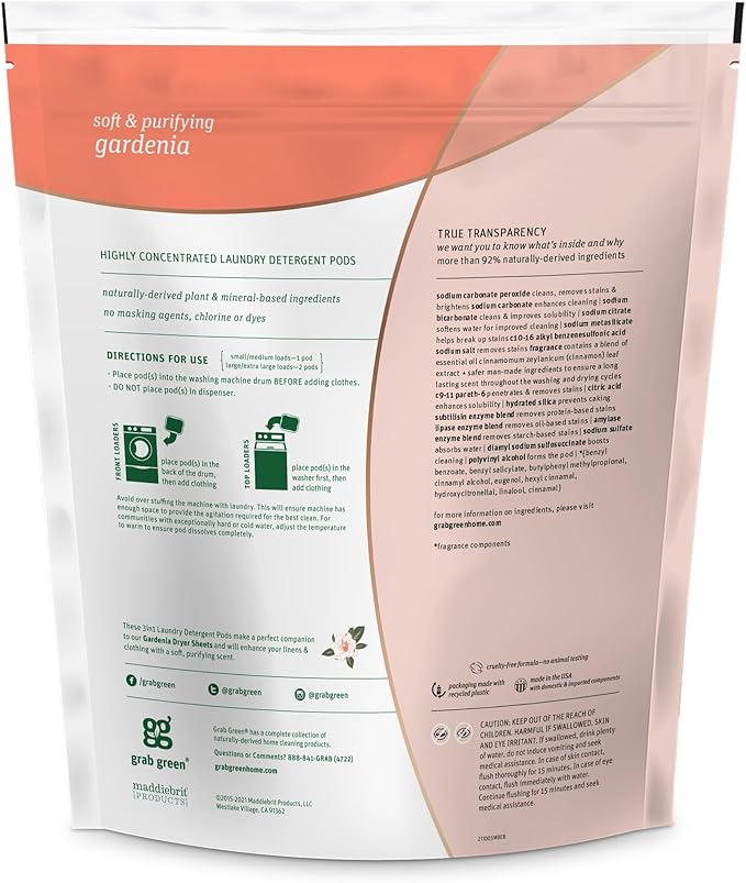 Grab Green 3-in-1 Laundry Detergent Pods, 60 Count, Gardenia Scent, Plant and Mineral Based, Superior Cleaning Power, Stain Remover, Brightens Clothes