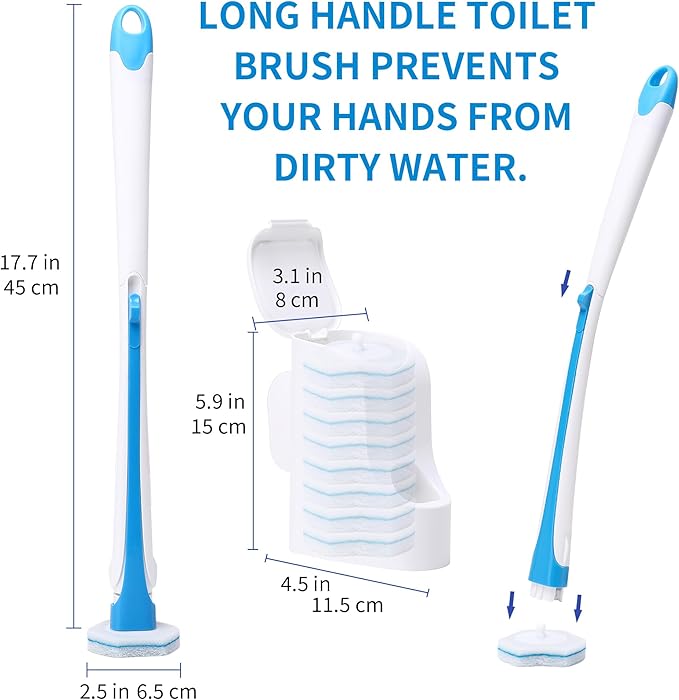 Disposable Toilet Brush with 40PCS Refills, Wall Mounted Compact Bathroom Bowl Wand Cleaning System Long Handle with Storage Caddy