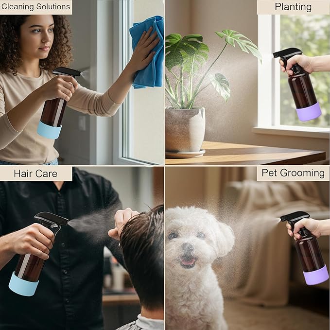 Glass Spray Bottles with Silicone Sleeve 16.9oz 2 Pack Empty Spray Bottle for Hair Mist/Stream Spraying for Cleaning Solutions, Plants, Essential Oils (Brown-qblue&purple)