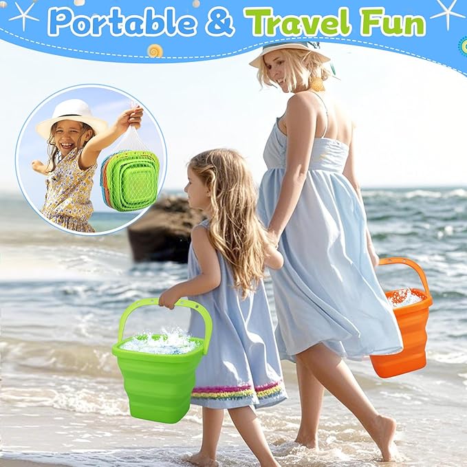 Jumbo Beach Sand Bucket Toy for Kids, 3L Collapsible Sandbox Pail, Easter Buckets, 3 Pack Multi Use Tool for Garden, Planting, Camping, Storage Fishing, Washing, Summer Holiday Travel Birthday Gifts