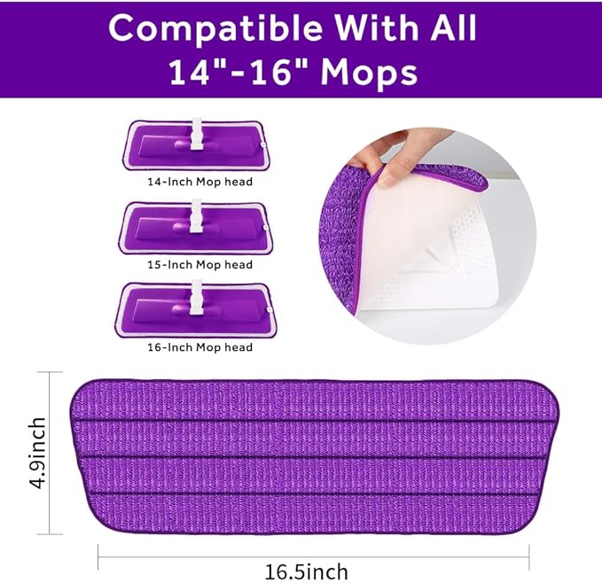 16.5 inch Mop Pads Refills, 3 Pack Microfiber Reusable Replacement Mop Pads Flat Replacements Heads for Wet Or Dry Floor Cleaning and Scrubbing, Purple Cloth