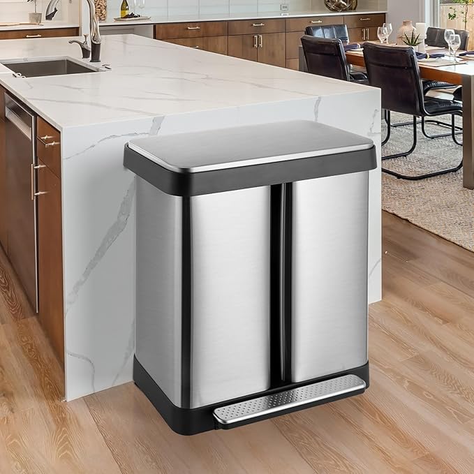 16 Gallon Dual Compartment Trash Can, Hands-Free Recycling Rectangular Garbage Bin, Stainless Steel Step-On Dustbin with Soft-Close Lid, Removable Inner Buckets, for Kitchen Home