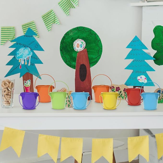 3.1" Galvanized Mini Tin Buckets – 12Pcs Rainbow Colors Metal Buckets with Handle, Ideal for Party Favors, Bridal Shower and Craft Projects (Multi-Colored, 3.1")