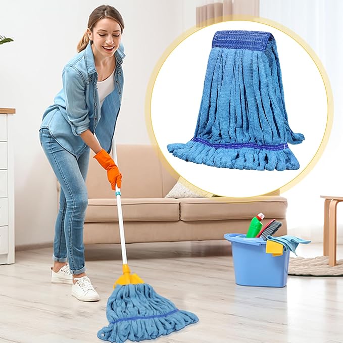 Lallisa 4 Pcs Commercial Mop Head Replacement Tube Microfiber Industrial Looped End Mop Heads Refill for Floor Cleaning for Home Commercial Industrial Use(Medium,Blue)