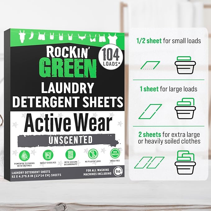 Rockin' Green Active Wear Travel Laundry Detergent Sheets Unscented - Mess-Free Laundry Sheets Detergent with Sodium Bicarbonate - Easily Dissolvable Laundry Soap for Traveling (104 Loads)