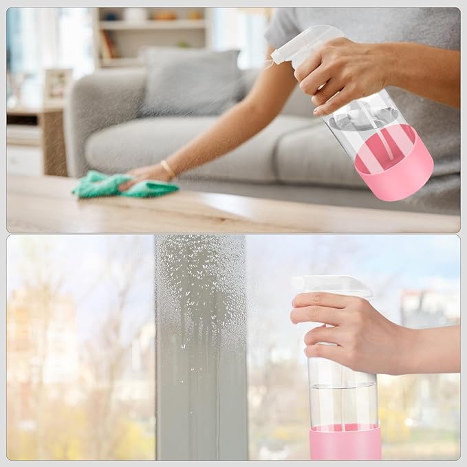 2 Pack Glass Spray Bottles with Silicone Sleeve, 16 oz Empty Refillable Containers with Adjustable Spray Nozzles, Spray Bottles for Hair, Cleaning Solutions and Plants Pink