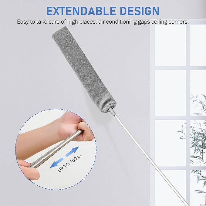 SetSail Dusters for Cleaning, 100-inch Extra-Long Floor Duster with Extension Pole Bendable Microfiber Head Washable Ceiling Fan Cleaner Duster for High Ceilings, Furniture
