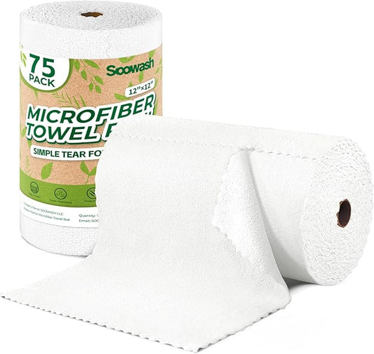 Microfiber Cleaning Cloths Roll, 75 Pack Tear Away Microfiber Towels Roll, 12" x 12" Lint Free Rags, Reusable Cleaning Cloths, Washable, Scratch Free,Ultra Absorbent Dish Rags(White)