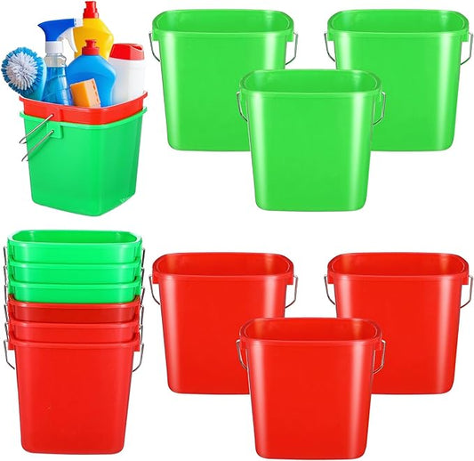 6 Pcs 3 Quart Cleaning Bucket Small Square Bucket Detergent Pail for Home Commercial Restaurant Kitchen Office School (Green, Red)