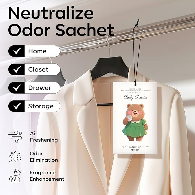 12 Packs Baby Powder Scent Sachets Room Air Freshener for Closet Drawer Clothes Storage Small Space Odor Eliminator