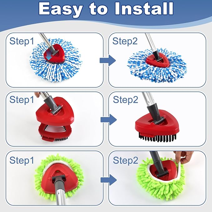 Mop Heads for O Cedar RinseClean 2 Tank Spin Mop System, 3 Microfiber Mop Head Refills and 3 Chenille Mop Pads,1 Scrub Brush, and 1 Mop Base with Mop Handle Set Combo