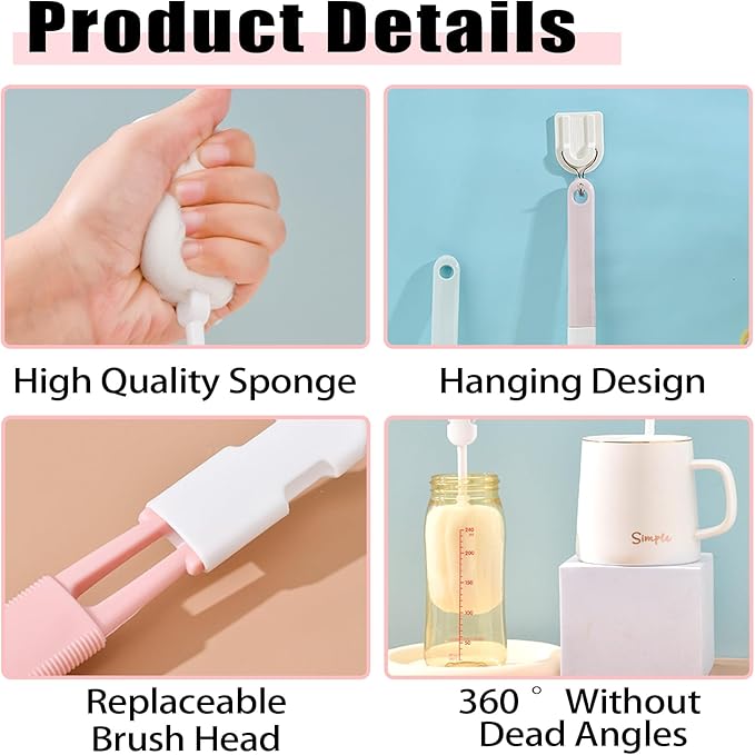Sponge Bottle Brushes 4 Piece Baby Bottle Brushes Long Handle Cup Scrubber Brush Portable Sponge Bottle Cleaning Brush (4PCS)
